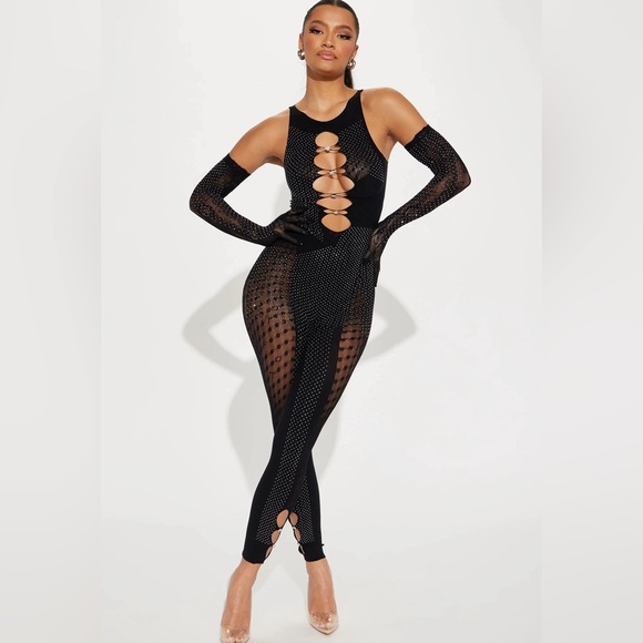 Phoebe  Embellished Jumpsuit - BLACK WITH GLOVES - Picture 1 of 4